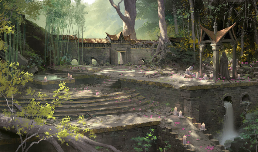 1girl, candle, clintcearley, courtyard, day, landscape, original, ruins, solo, stairs, tree, water, waterfall