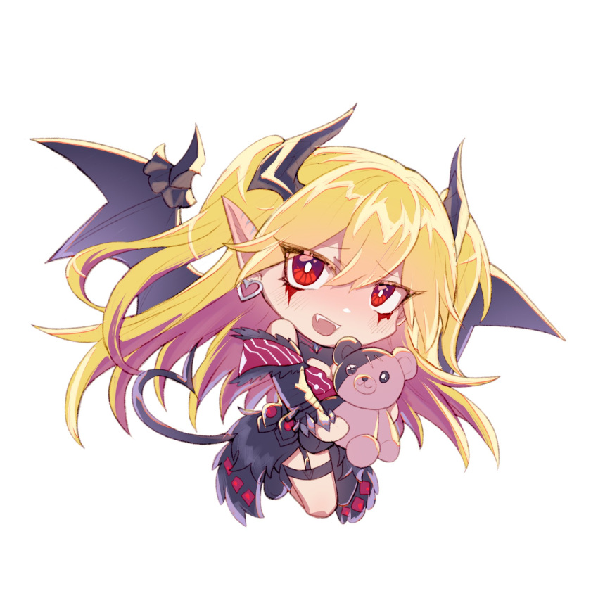 1girl, bare_shoulders, black_horns, black_tail, black_wings, blonde_hair, blush, chibi, demon_girl, demon_horns, demon_tail, demon_wings, dress, duel_monster, facial_mark, full_body, highres, holding, holding_stuffed_toy, horns, lacrima_the_scarlet_sorrow, light_blush, long_hair, looking_at_viewer, monitor_(udoshiyo), open_mouth, red_dress, red_eyes, simple_background, solo, stuffed_animal, stuffed_toy, tail, teddy_bear, teeth, two_side_up, upper_teeth_only, white_background, wings, yu-gi-oh!
