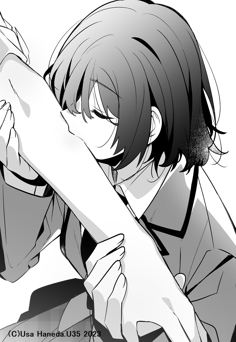 2girls, artist_name, closed_eyes, collared_shirt, commentary_request, greyscale, holding_another's_wrist, jacket
