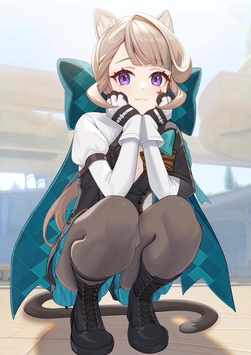 1girl, :3, animal_ears, black_footwear, black_gloves, boots, bow, cat_ears
