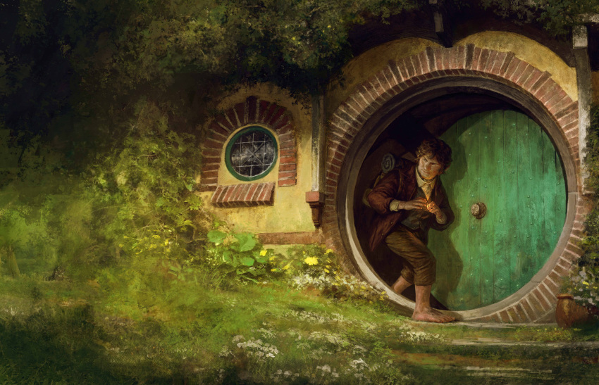 1boy, absurdres, antonio_de_luca, barefoot, bilbo_baggins, brown_hair, brown_jacket, brown_pants