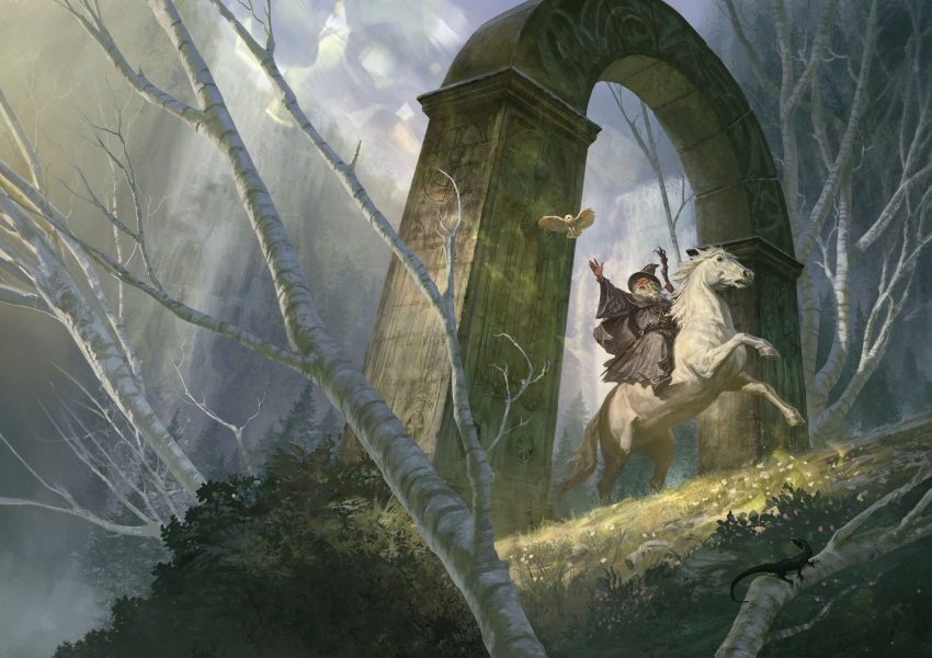 1boy, absurdres, antonio_de_luca, arch, bare_tree, beard, birch_tree, bird