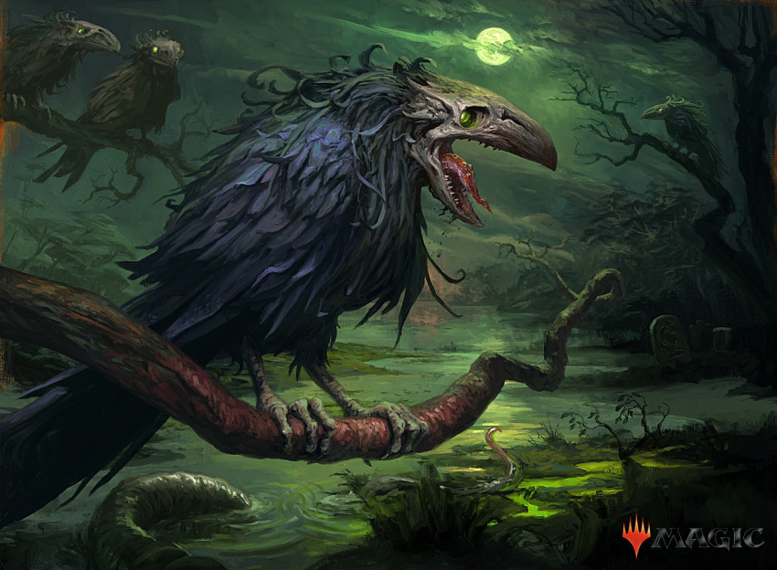 bare_tree, bird_monster, black_feathers, creature, english_text, feathers, full_moon, glowing