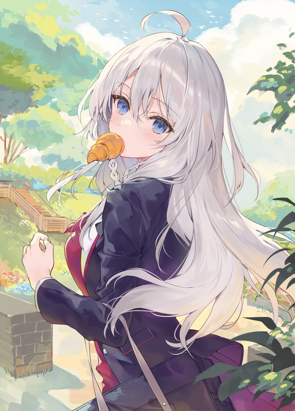 1girl, ahoge, bag, black_jacket, blazer, blue_eyes, braid, cover, cover_image, elaina_(majo_no_tabitabi), floating_hair, food_in_mouth, from_behind, grey_hair, hair_between_eyes, highres, jacket, long_hair, long_sleeves, looking_at_viewer, looking_back, majo_no_tabitabi, majo_no_tabitabi:_gakuen, necomi, official_art, outdoors, school_bag, school_uniform, textless_version