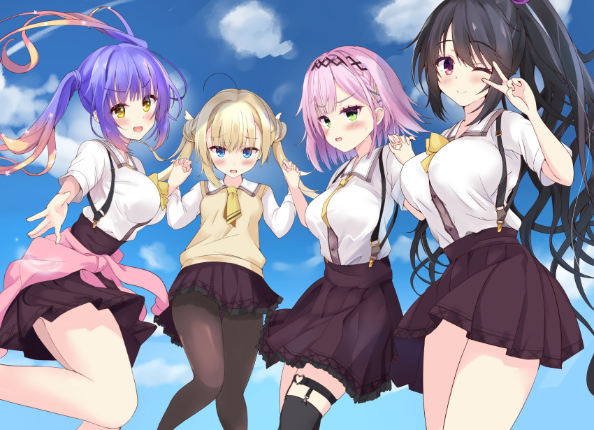 4girls, :d, ;), \||/, ahoge, black_hair, black_hairband, black_pantyhose