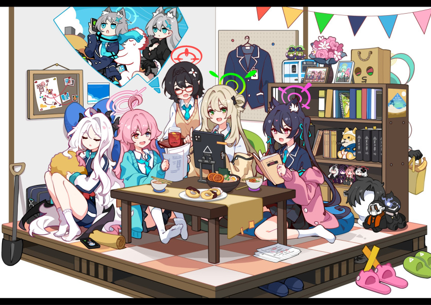 2boys, 6+girls, ahoge, animal_ear_fluff, animal_ears, aqua_cardigan, aqua_eyes, aqua_halo, aqua_necktie, aqua_ribbon, aru_(blue_archive), ayane_(blue_archive), bag, banana, black_bow, black_hair, black_hat, black_skirt, black_suit, black_suit_(blue_archive), blonde_hair, blue_archive, blue_hair, blue_shorts, book, bookshelf, bow, bowl, braid, cardigan, cat_ears, cellphone, chopsticks, closed_eyes, closed_mouth, commentary_request, cross_hair_ornament, cup, dark_blue_hair, demon_horns, doodle_sensei_(blue_archive), doughnut, fang, flower, flower_pot, food, friends, fruit, fumo_(doll), glasses, green_eyes, green_hair, green_halo, grey_hair, grey_halo, hair_between_eyes, hair_bow, hair_bun, hair_flower, hair_ornament, hair_ribbon, halo, happy, haruka_(blue_archive), hat, heterochromia, highres, hikari_(blue_archive), hina_(blue_archive), holding, holding_book, horns, hoshino_(blue_archive), ideolo, jacket, jitome, juice, kayoko_(blue_archive), long_hair, long_sleeves, multiple_boys, multiple_girls, mutsuki_(blue_archive), necktie, nonomi_(blue_archive), nozomi_(blue_archive), open_cardigan, open_clothes, open_jacket, open_mouth, orange_eyes, phone, pink_hair, pink_halo, pink_jacket, pointy_ears, ponytail, purple_halo, red_eyes, red_halo, ribbon, school_bag, sensei_(blue_archive), serika_(blue_archive), shiroko_(blue_archive), shiroko_terror_(blue_archive), shirt, short_hair, shorts, shovel, sitting, skirt, sleeping, slippers, smile, smoking_pipe, socks, soup, stuffed_animal, stuffed_dog, stuffed_toy, suit, tablet_pc, unworn_jacket, unworn_wig, v-shaped_eyebrows, very_long_hair, vest, wariza, white_hair, white_shirt, white_socks, wig, yellow_halo, yellow_jacket, yellow_vest, yume_(blue_archive)