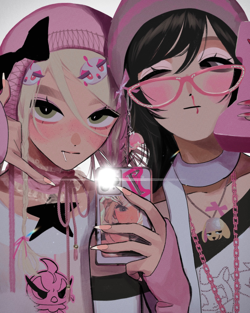 2girls, animal_charm, animal_hair_ornament, arm_warmers, beanie, black_bow, black_hair, blonde_hair, blood, bow, braid, brown_eyes, camera_flash, cat_eye-framed_eyewear, cellphone, chain, chain_necklace, choker, corded_phone, eyewear_strap, french_tips, glasses, green_eyes, hat, highres, holding, holding_phone, jewelry, lace, lace_choker, multiple_girls, nail_polish, necklace, nosebleed, off-shoulder_shirt, off_shoulder, one_eye_closed, original, phone, photo_(object), pink-framed_eyewear, pink_arm_warmers, pink_beanie, pink_bow, pink_nails, scarf, shaka_sign, shirt, simple_background, sticker, taking_picture, white_background, white_scarf, white_shirt, z_gvjz