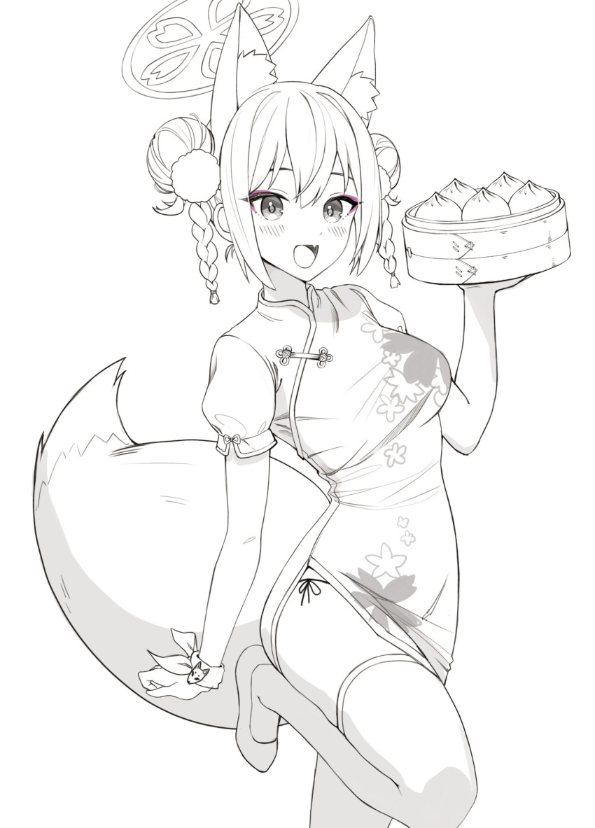 1girl, :d, alternate_costume, alternate_hairstyle, animal_ear_fluff, animal_ears, baozi, blue_archive, blush, braid, breasts, china_dress, chinese_clothes, double_bun, dress, extra_ears, eyeshadow, fang, food, foot_out_of_frame, fox_ears, fox_girl, fox_tail, greyscale, hair_bun, halo, highres, holding_bamboo_steamer, izuna_(blue_archive), looking_at_viewer, makeup, monochrome, panties, panty_peek, pom_pom_(clothes), prock, red_eyeshadow, short_sleeves, side-tie_panties, side_slit, simple_background, smile, solo, tail, thigh-highs, twin_braids, underwear