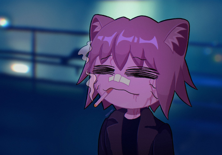 1boy, =_=, animal_ears, bandaid, bandaid_on_face, bandaid_on_nose, black_jacket, black_shirt