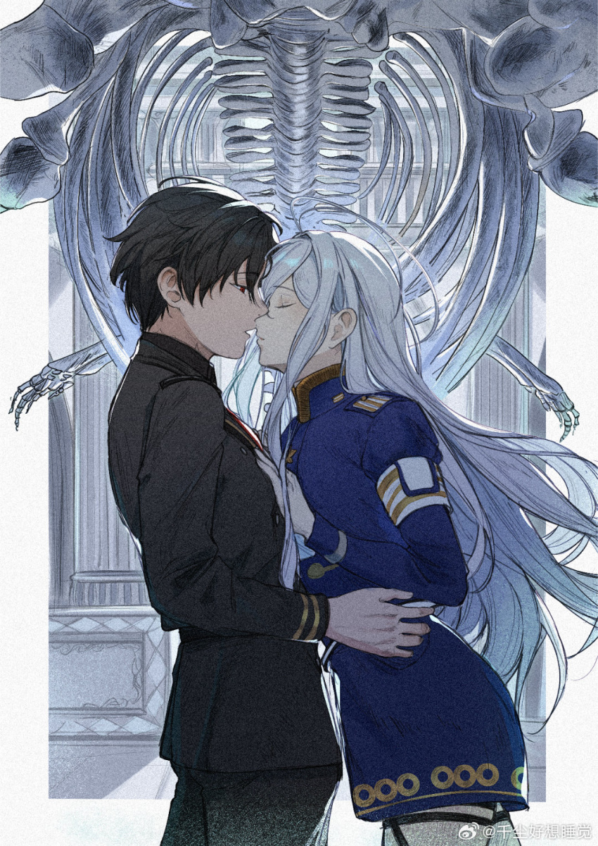 1boy, 1girl, 86_-eightysix-, antenna_hair, black_hair, blue_jacket, closed_eyes, commentary_request