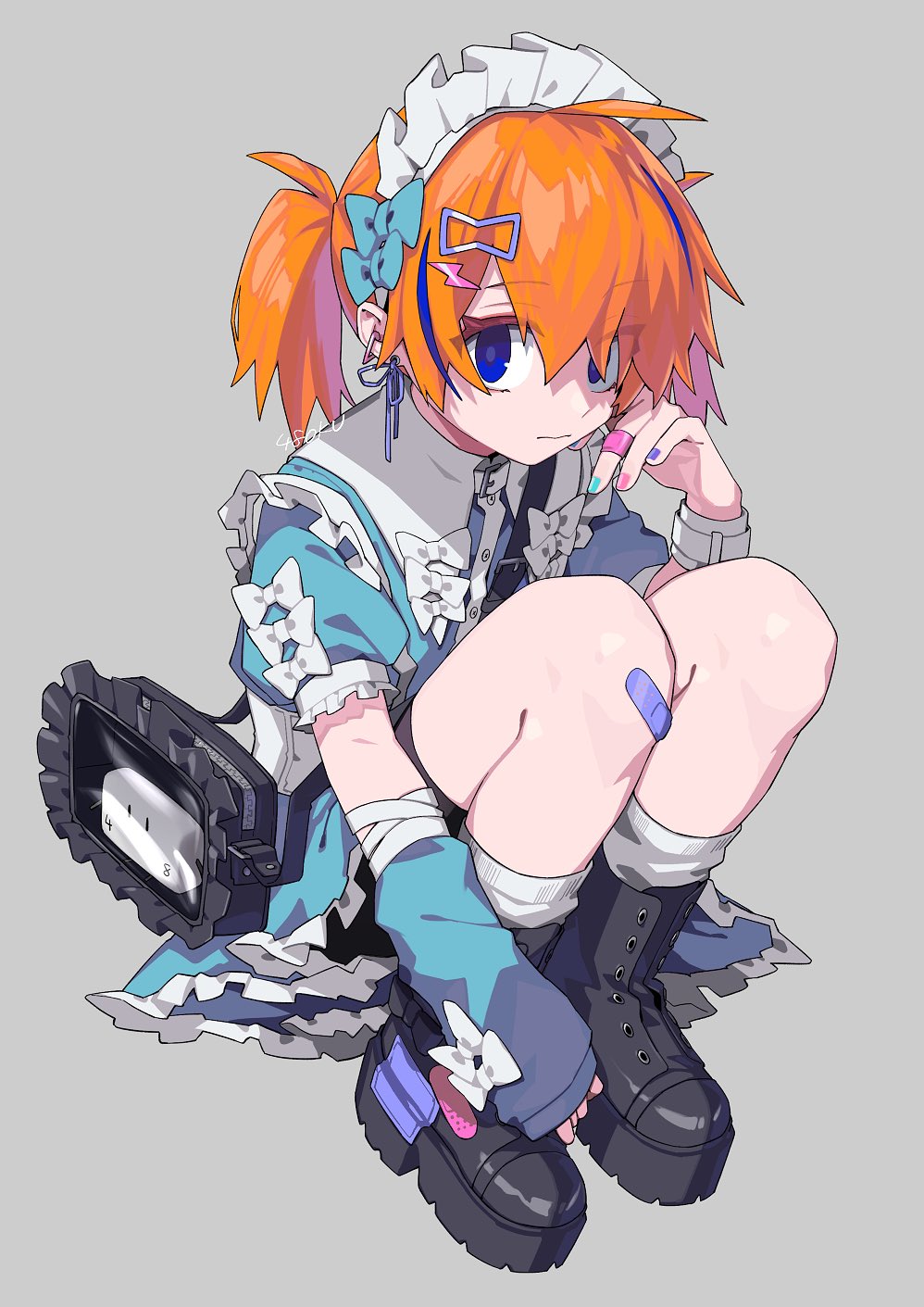1girl, 48okku, ahoge, arm_warmers, artist_name, bag, bandaged_arm, bandages
