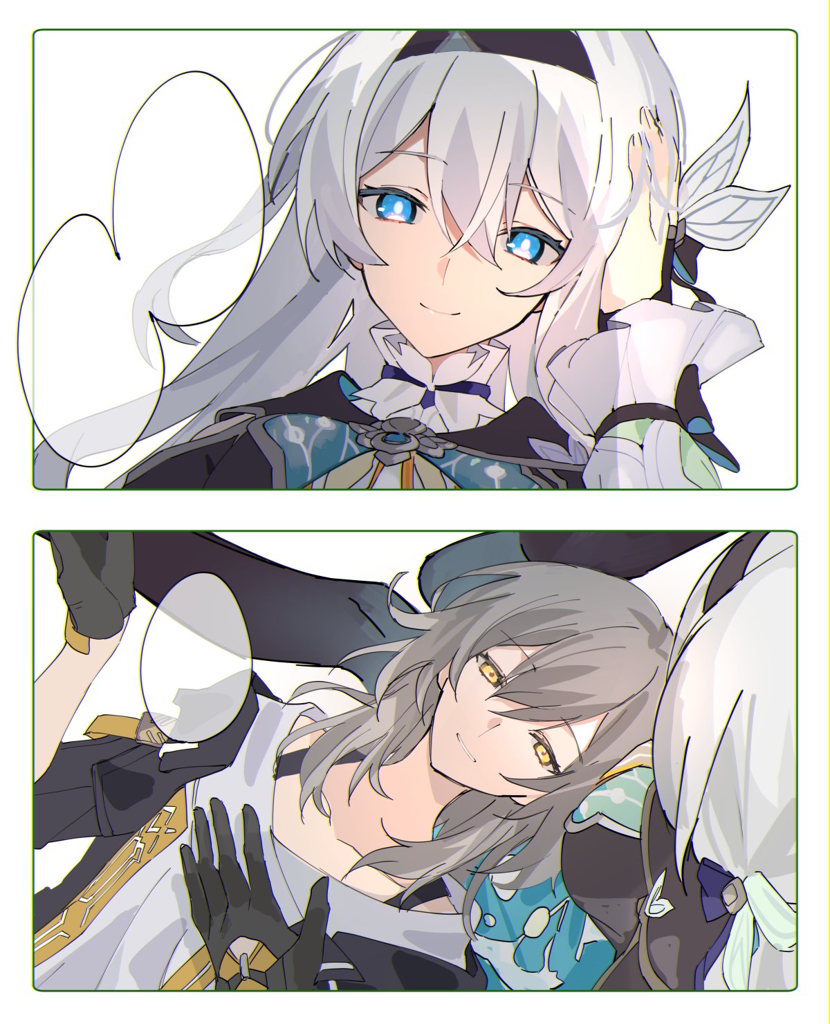 2girls, black_coat, black_gloves, black_hairband, breasts, coat, collared_shirt, firefly_(honkai:_star_rail)