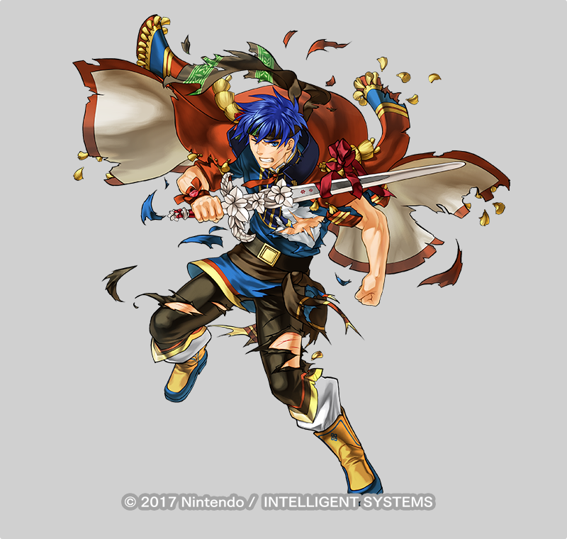 1boy, blue_eyes, blue_hair, cape, company_name, fire_emblem, fire_emblem:_path_of_radiance, fire_emblem_heroes, flower, full_body, gloves, headband, holding, holding_sword, holding_weapon, ike_(fire_emblem), ike_(valentine)_(fire_emblem), injury, jacket, kita_senri, male_focus, official_art, one_eye_closed, short_hair, simple_background, solo, sword, torn_clothes, weapon