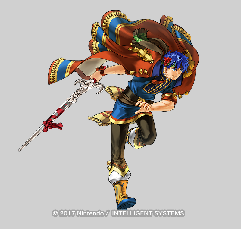 1boy, blue_eyes, blue_hair, cape, company_name, fighting_stance, fire_emblem, fire_emblem:_path_of_radiance, fire_emblem_heroes, flower, full_body, gloves, headband, holding, holding_sword, holding_weapon, ike_(fire_emblem), ike_(valentine)_(fire_emblem), jacket, kita_senri, male_focus, official_art, short_hair, simple_background, solo, sword, weapon