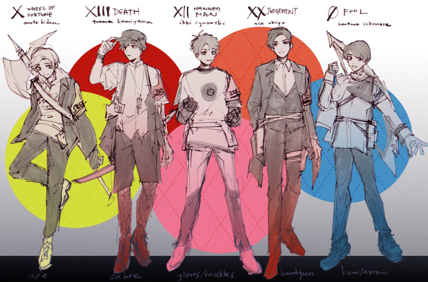 alchemist_academy_uniform, axe, battle_axe, blue_eyes, bow_(weapon), chakko_(chromaticafe), english_text, hat, hiden_aruto, highres, ichinose_houtarou, igarashi_ikki, kamen_rider, kamen_rider_01_(series), kamen_rider_geats_(series), kamen_rider_gotchard_(series), kamen_rider_revice, kamen_rider_saber_(series), kamiyama_touma, multiple_boys, pants, persona, persona_3, shirt, smile, ukiyo_ace, weapon