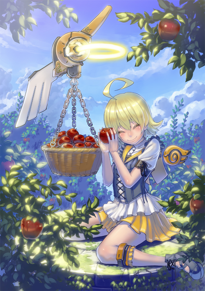 angel, apple, aro_(charged_time_out), bad_id, basket, blonde_hair, closed_eyes, cloud