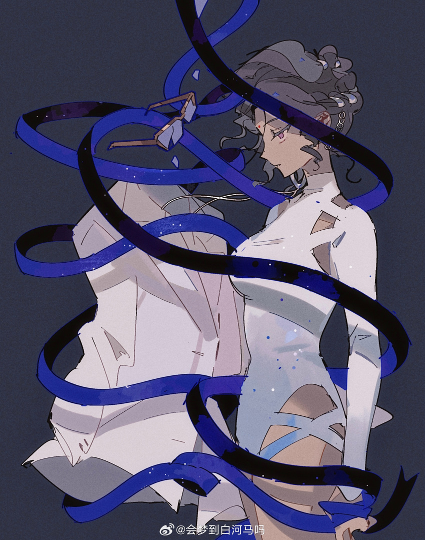 1girl, absurdres, athletic_leotard, black_hair, blue_ribbon, breasts, broken_eyewear, cowboy_shot