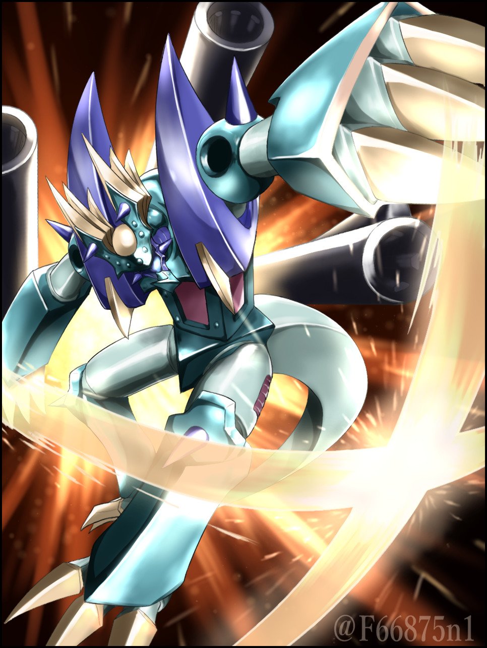 cannon, clawed_feet, claws, duel_monster, full_body, highres, incoming_attack, mecha