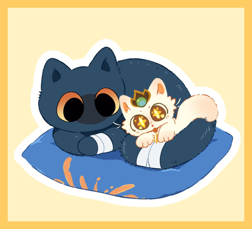 +_+, 1boy, 1girl, animal_ears, animal_hands, bandaged_paw, bandaged_tail, bandages, black_cat, blade_(honkai:_star_rail), cat, cat_ears, cat_paws, cat_tail, chibi, collar, friends, furry, furry_female, furry_male, headpiece, highres, honkai:_star_rail, honkai_(series), j80029, looking_at_viewer, looking_down, looking_to_the_side, lying, on_pillow, open_mouth, orange_eyes, pillow, simple_background, tail, whiskers, white_cat, yellow_background, yunli_(honkai:_star_rail)