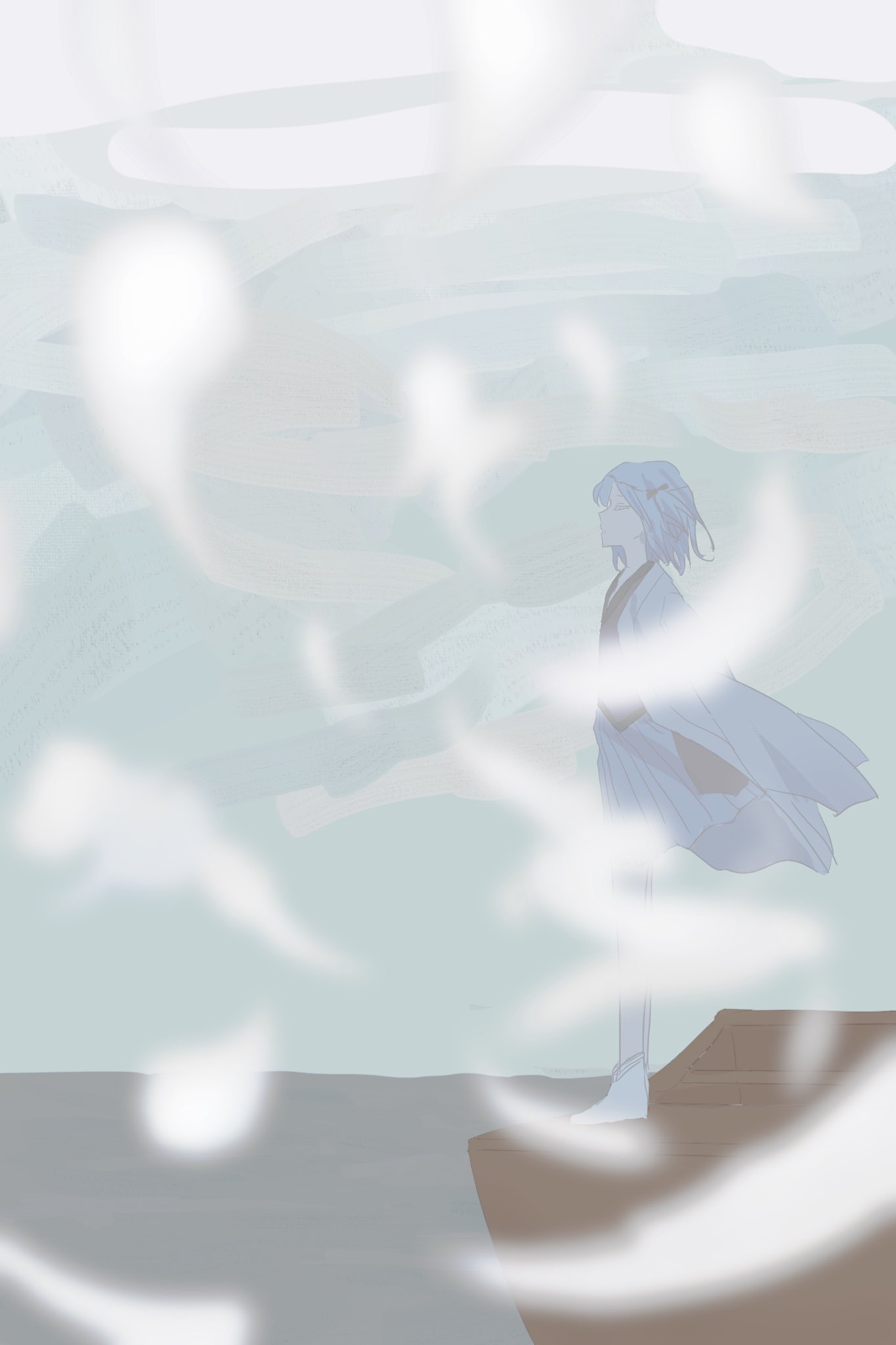 1other, androgynous, bare_legs, black_bow, black_kimono, blue_hair, blue_hakama, boat
