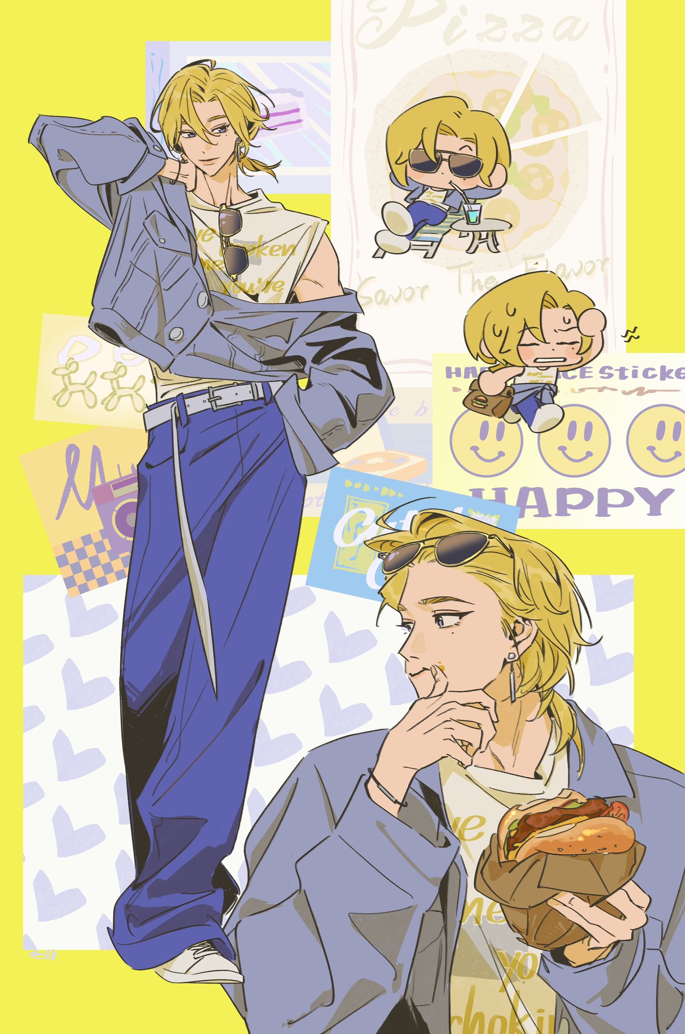 1boy, bag, belt, blonde_hair, blue_eyes, blue_jacket, blue_pants, burger