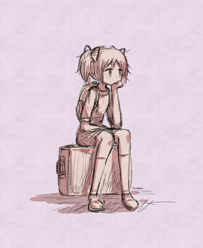 1girl, alternate_costume, artist_name, backpack, bag, closed_mouth, dot_nose, elbow_on_thigh