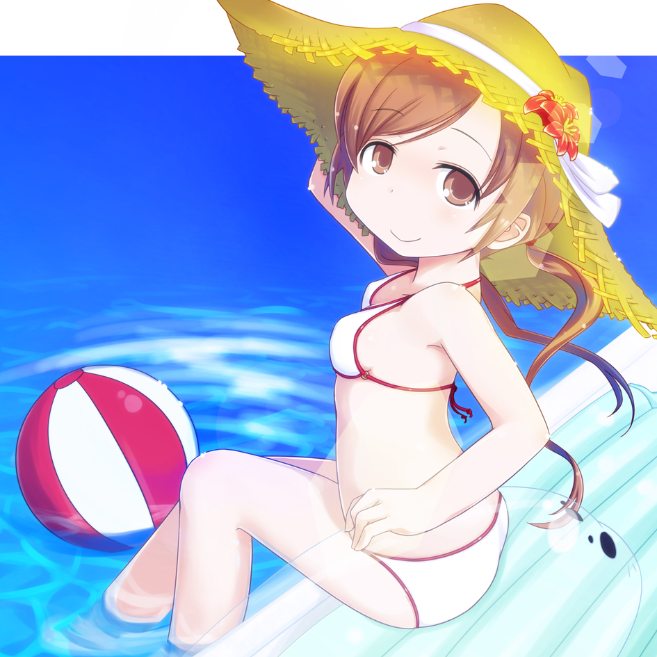 beachball, bikini, brown_eyes, brown_hair, hat, inflatable_raft, itou_shiori, kurabayashi_aya