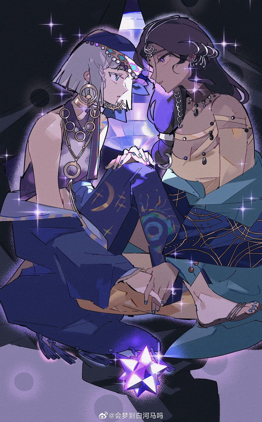 2girls, absurdres, bare_shoulders, black_background, black_hair, blue_coat, blue_eyes, blue_pants