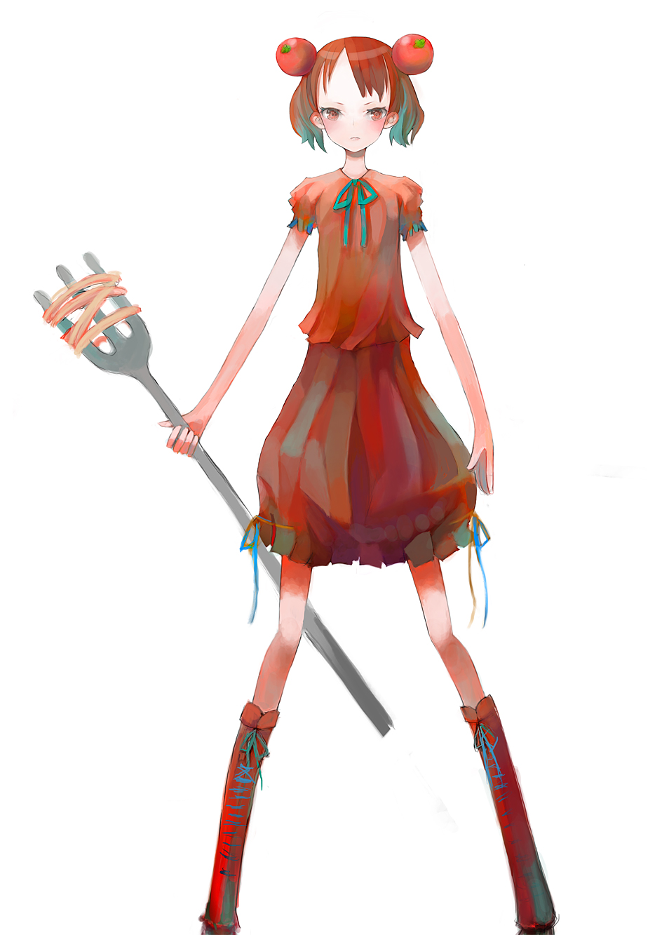 bad_id, boots, food_as_clothes, food_themed_clothes, fork, highres, jasmine_(jasco), multicolored_hair