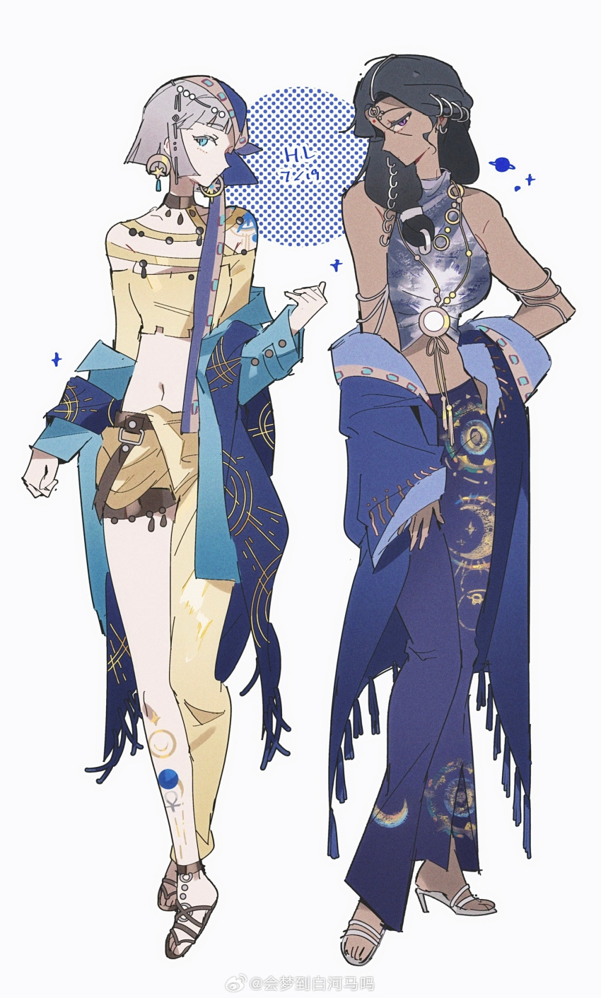 2girls, absurdres, aqua_eyes, asymmetrical_clothes, bare_shoulders, black_hair, blue_coat, blue_pants
