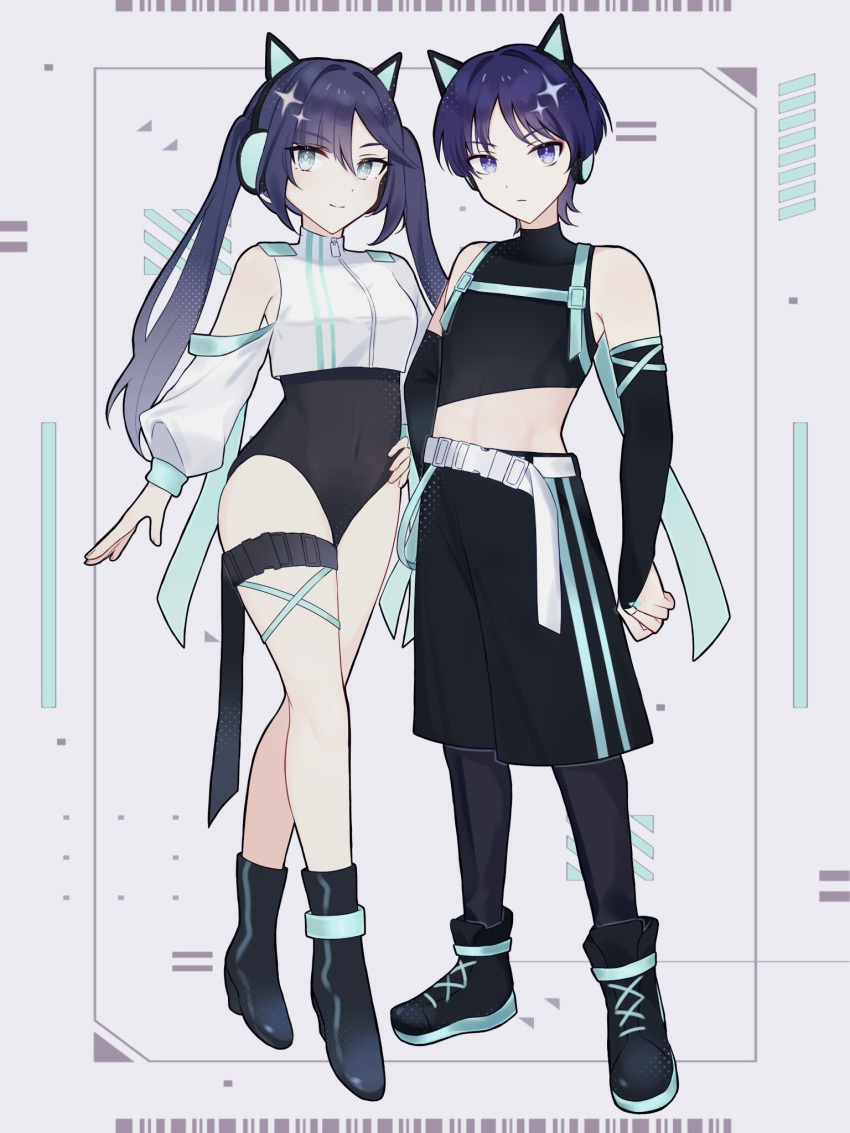 1boy, 1girl, abs, alternate_costume, animal_ears, aqua_eyes, aqua_trim, asymmetrical_bangs
