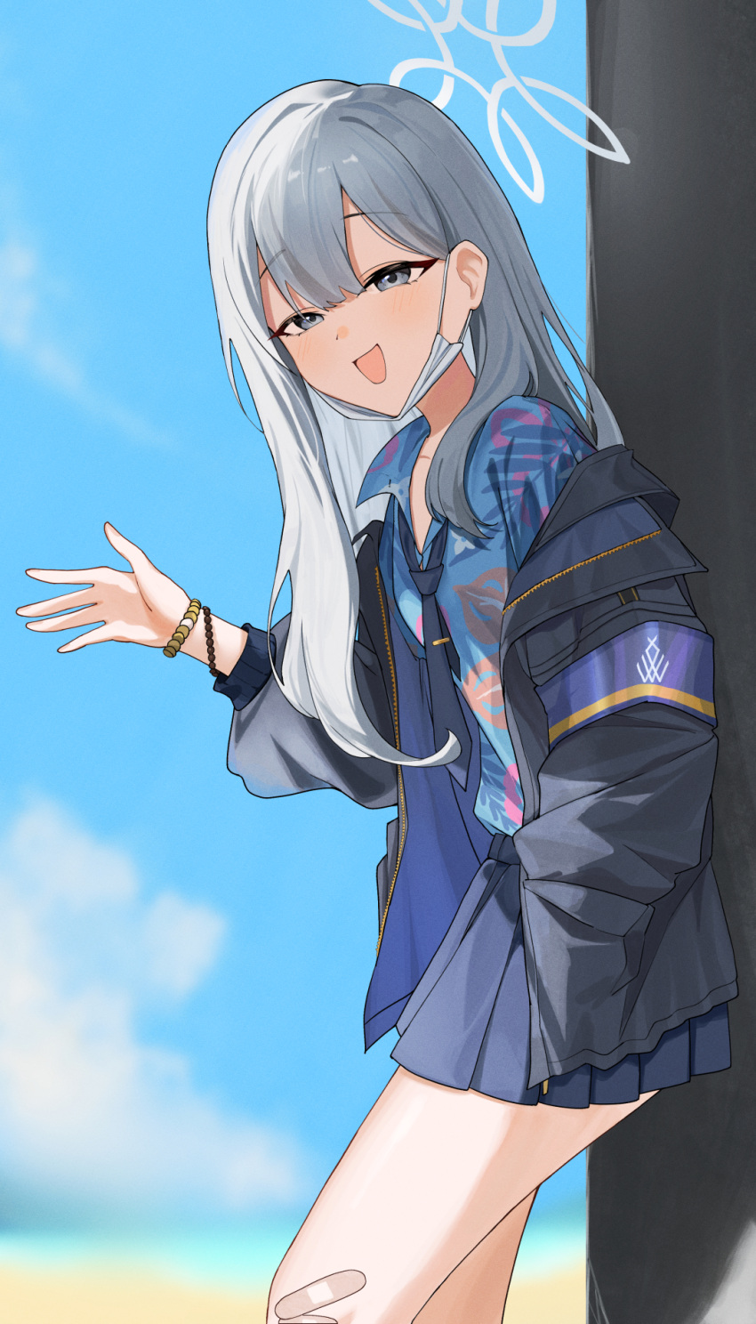 1girl, against_wall, armband, bandaid, black_jacket, blue_archive, from_side, grey_eyes