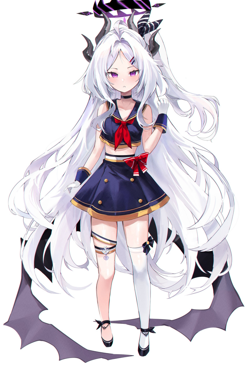 1girl, absurdres, ahoge, bare_shoulders, black_horns, blouse, blue_archive, blue_shirt, blue_skirt, blush, bow, bowtie, breasts, demon_girl, demon_horns, demon_wings, gloves, gurami_(zangizarang), hair_ornament, hairclip, halo, highres, hina_(blue_archive), horns, long_hair, looking_at_viewer, low_wings, multiple_horns, parted_bangs, parted_lips, red_bow, sailor, shirt, shoes, simple_background, single_thighhigh, skirt, sleeveless, sleeveless_shirt, small_breasts, solo, thigh-highs, thigh_strap, very_long_hair, violet_eyes, white_background, white_gloves, white_hair, white_thighhighs, wings