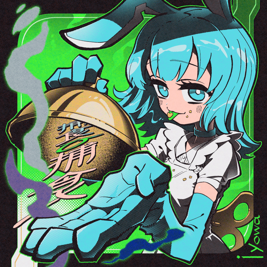 1girl, animal_ears, aqua_choker, aqua_eyes, aqua_gloves, aqua_hair, black_border, border