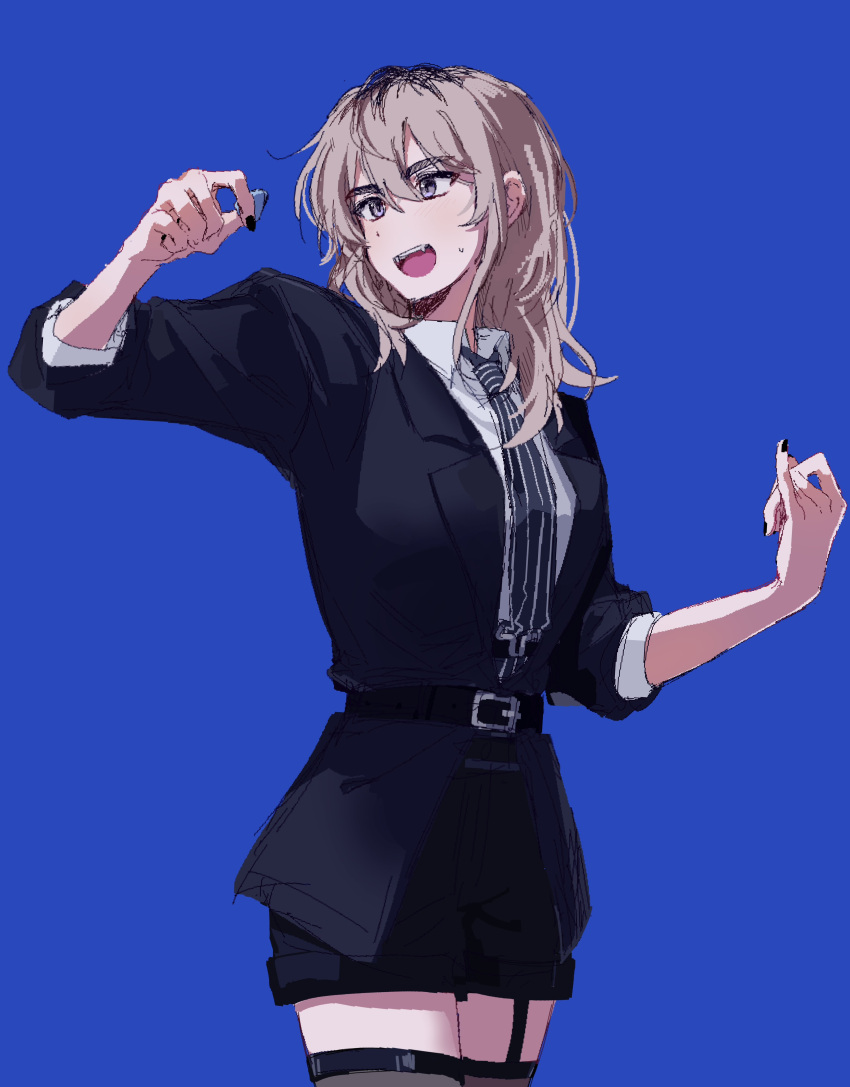 1girl, absurdres, belt, belt_buckle, black_belt, black_jacket, black_nails, black_necktie