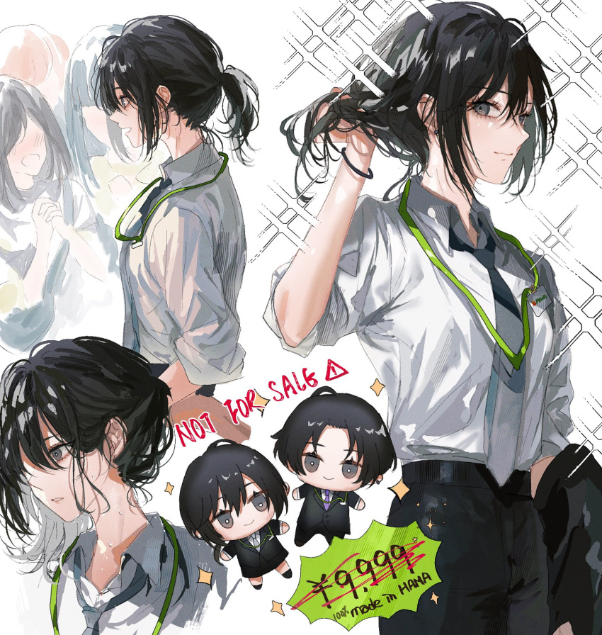 18trip, 1boy, 1girl, alternate_costume, alternate_hairstyle, asano_(kazusasn), black_hair, brother_and_sister, character_doll, commentary_request, cropped_shoulders, english_text, grey_eyes, hamasaki_kaede, hamasaki_momiji, highres, multiple_views, profile, short_ponytail, siblings, sidelocks, starry_background, suit, sweat, white_background