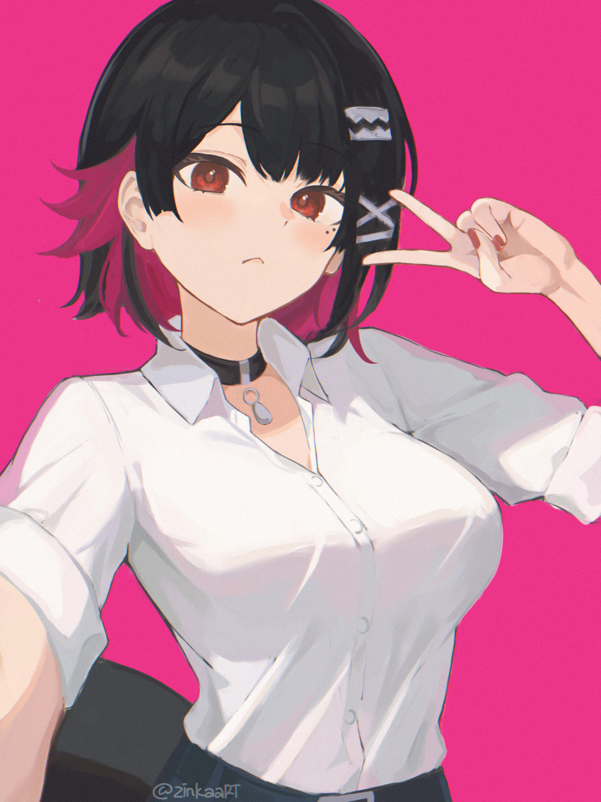 1girl, :<, absurdres, alternate_costume, belt, black_belt, black_choker, black_hair