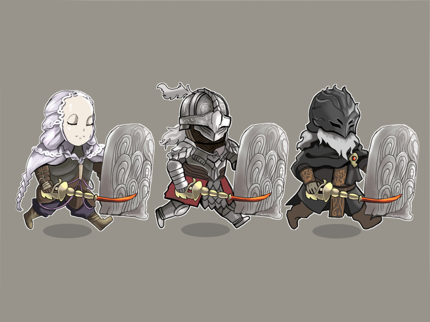 1other, 2boys, armor, black_capelet, bloody_wolf_(elden_ring), boots, braid, brown_footwear