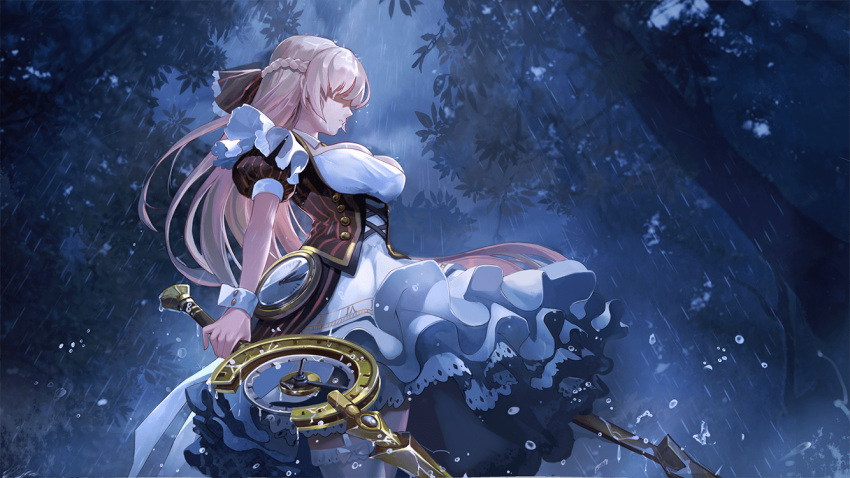 1girl, ann_(forever_7th_capital), blonde_hair, breasts, clock, cowboy_shot, detached_collar, dress