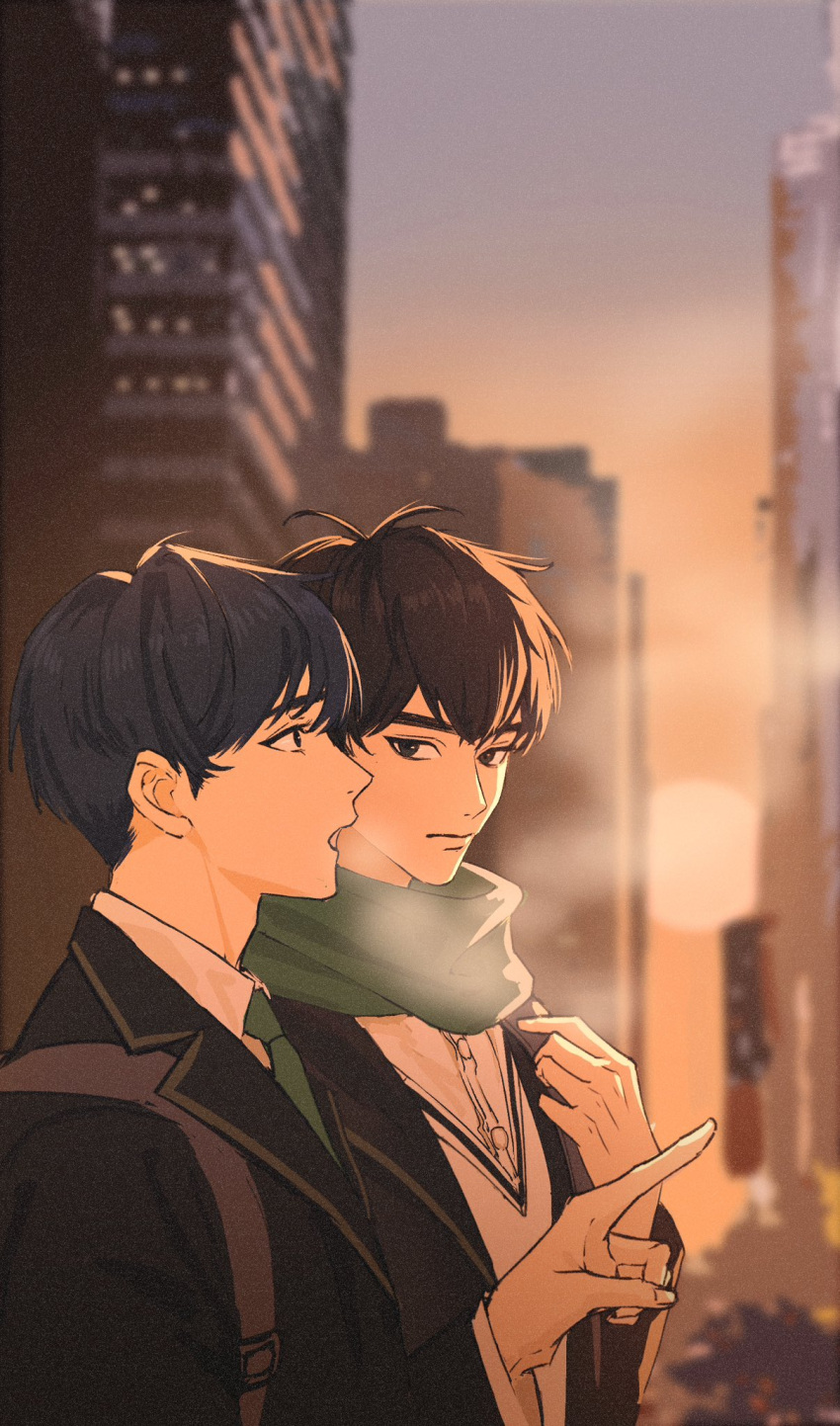 2boys, 2jiao, black_hair, black_jacket, blue_eyes, blue_hair, blurry, blurry_background