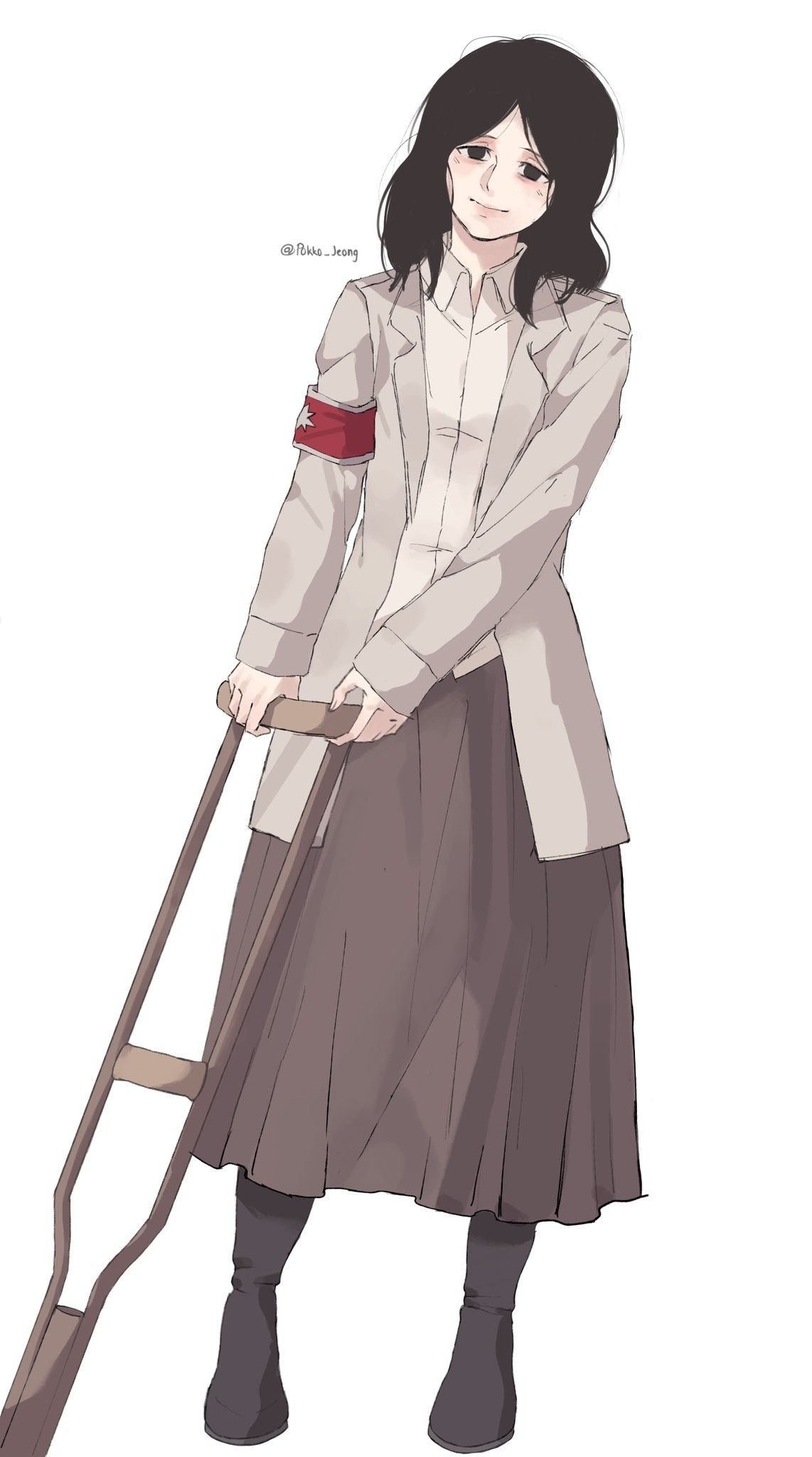 1girl, armband, artist_name, black_eyes, black_hair, collar, crutch, highres, jacket, long_hair, looking_at_viewer, marley_military_uniform, open_clothes, open_jacket, pieck_finger, pokko_jeong, shingeki_no_kyojin, shirt, white_background, white_shirt