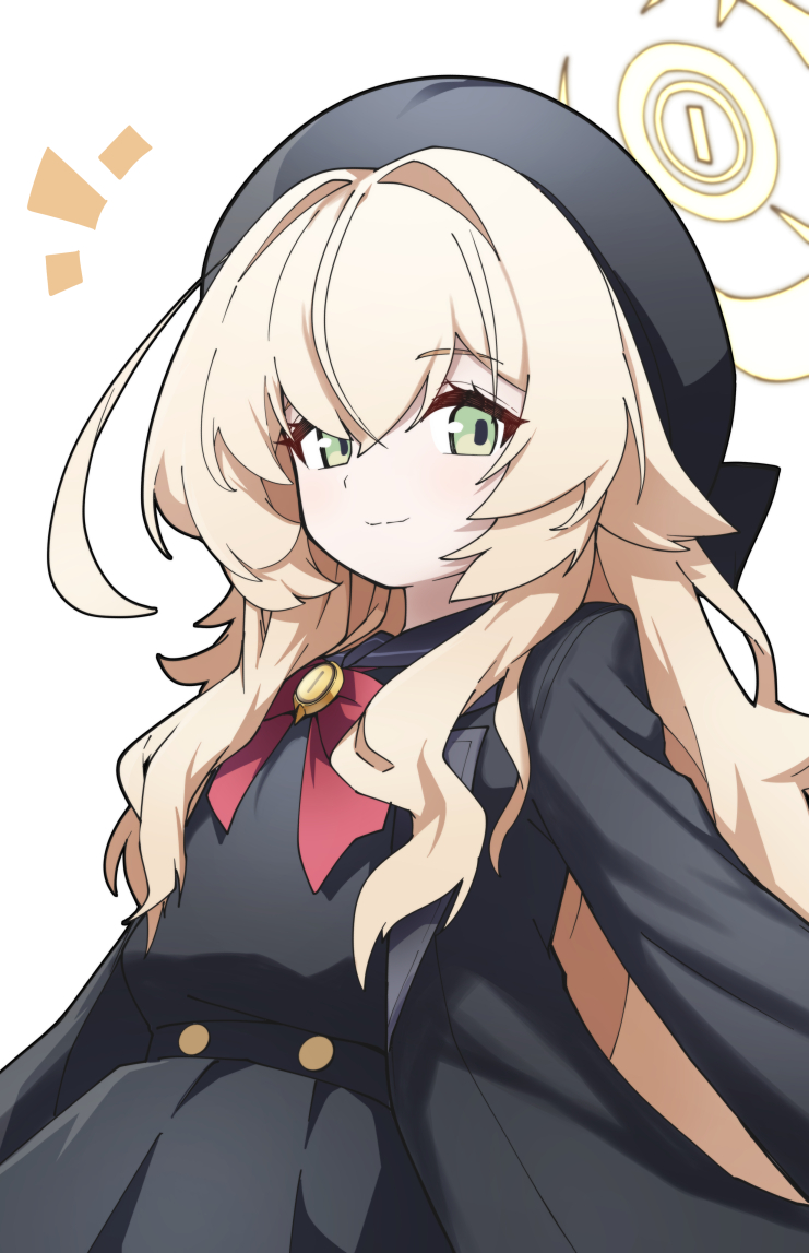 beret, black_beret, black_coat, black_hat, black_sailor_collar, blue_archive, bow, bowtie