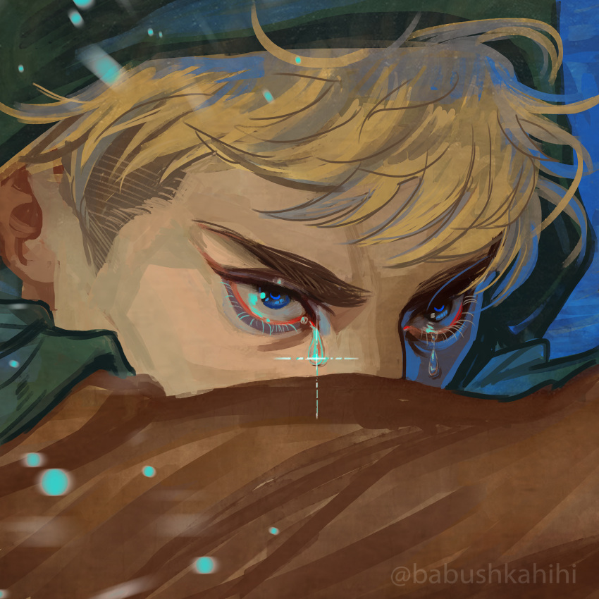 1boy, arm_up, babu_(babushkahihi), blonde_hair, blue_background, blue_eyes, brown_shirt, close-up