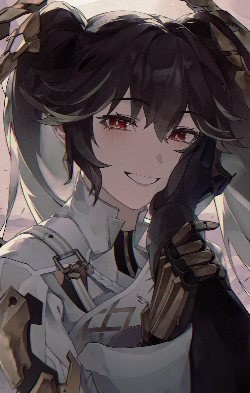 1girl, 1other, absurdres, black_hair, bright_pupils, commandant_(punishing:_gray_raven), commentary, crying, crying_with_eyes_open, diamond-shaped_pupils, diamond_(shape), english_commentary, hair_between_eyes, hand_on_another's_cheek, hand_on_another's_face, highres, holding_another's_wrist, long_hair, looking_at_viewer, lucia:_pyroath_(punishing:_gray_raven), lucia_(punishing:_gray_raven), mechanical_hands, multicolored_hair, official_alternate_costume, pov, pov_hands, punishing:_gray_raven, red_eyes, shirohitoishi, smile, spoilers, streaked_hair, symbol-shaped_pupils, tears, twintails, twitter_username, upper_body, white_pupils