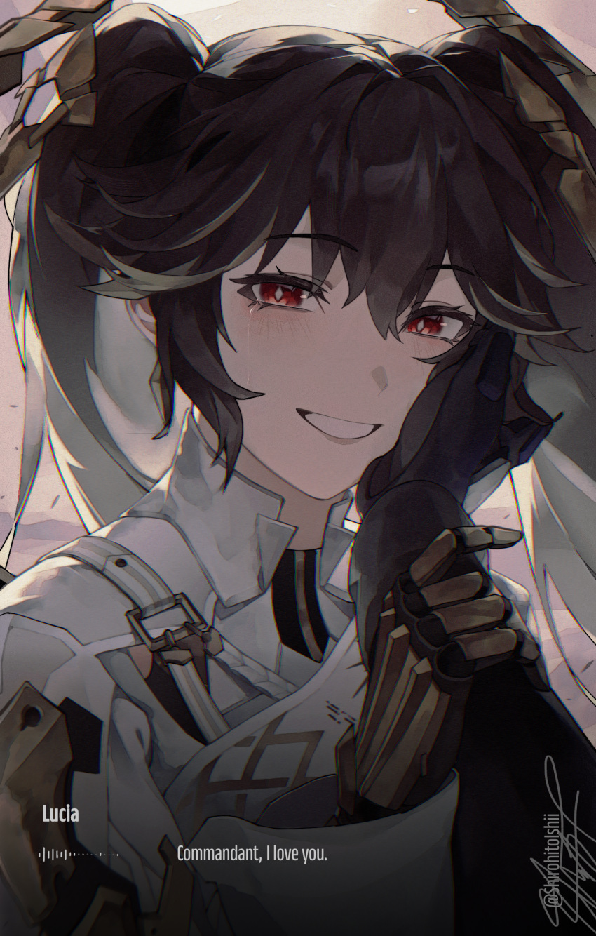 1girl, 1other, absurdres, black_hair, bright_pupils, commandant_(punishing:_gray_raven), commentary, crying, crying_with_eyes_open, diamond-shaped_pupils, diamond_(shape), english_commentary, english_text, hair_between_eyes, hand_on_another's_cheek, hand_on_another's_face, highres, holding_another's_wrist, long_hair, looking_at_viewer, lucia:_pyroath_(punishing:_gray_raven), lucia_(punishing:_gray_raven), mechanical_hands, multicolored_hair, official_alternate_costume, pov, pov_hands, punishing:_gray_raven, red_eyes, shirohitoishi, smile, spoilers, streaked_hair, symbol-shaped_pupils, tears, twintails, twitter_username, upper_body, white_pupils