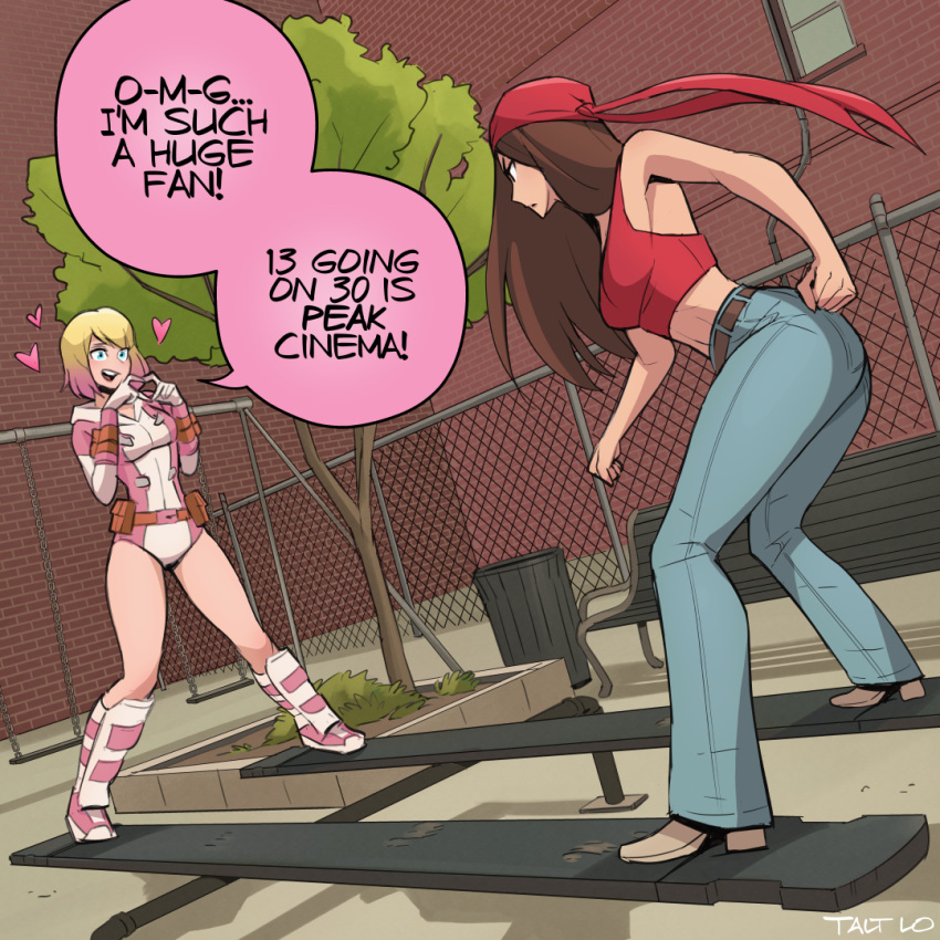 2girls, bandana, bench, blonde_hair, blue_pants, boots, brown_hair, commentary