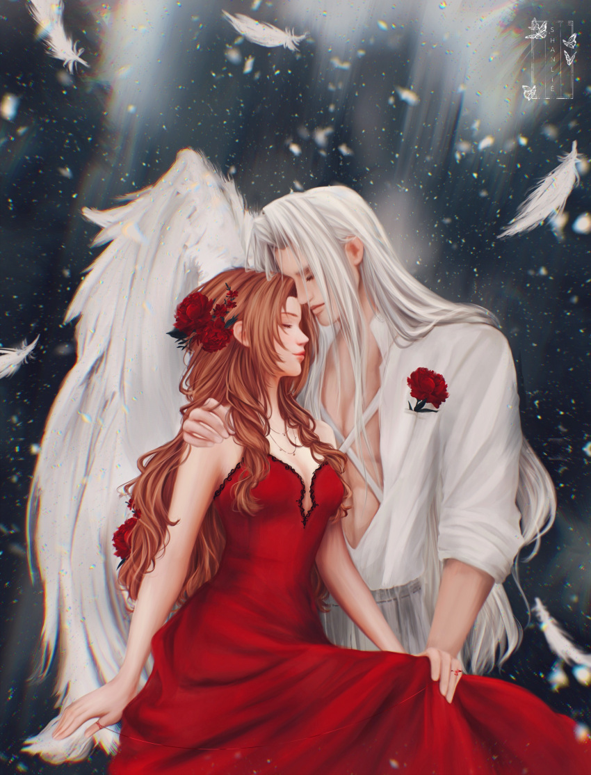 1boy, 1girl, absurdres, aerith_gainsborough, aerith_gainsborough_(red_dress), arm_around_shoulder, bare_shoulders, breasts