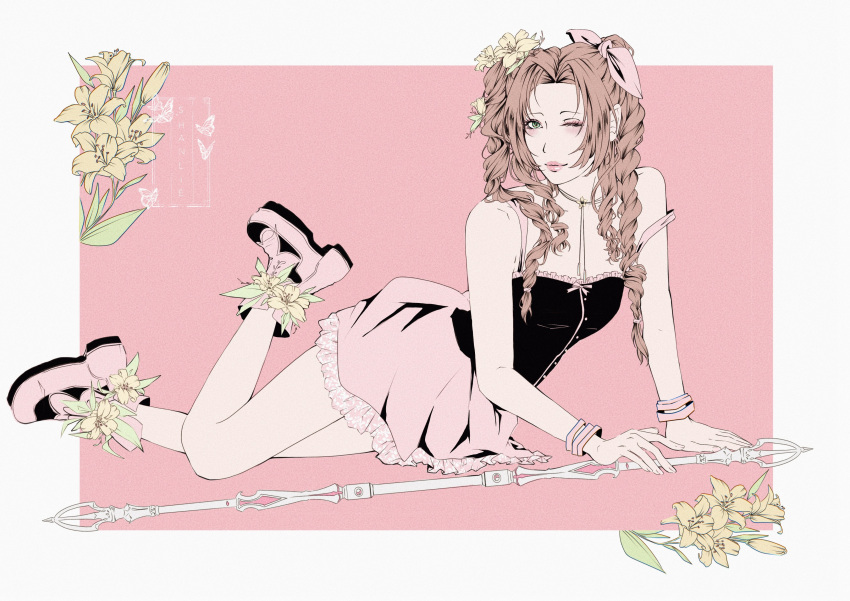1girl, absurdres, aerith_gainsborough, alternate_costume, bare_shoulders, black_shirt, border, bracelet