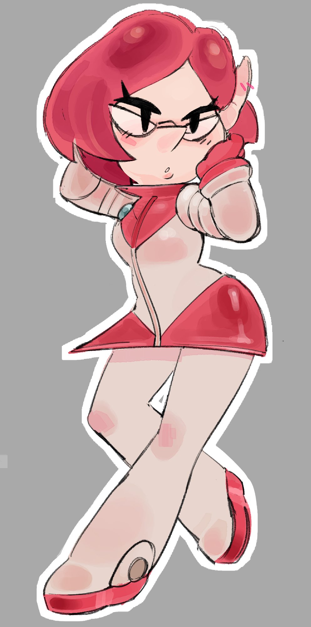 1girl, arm_behind_head, arms_up, big_nose, black_eyes, blush, boots, breasts