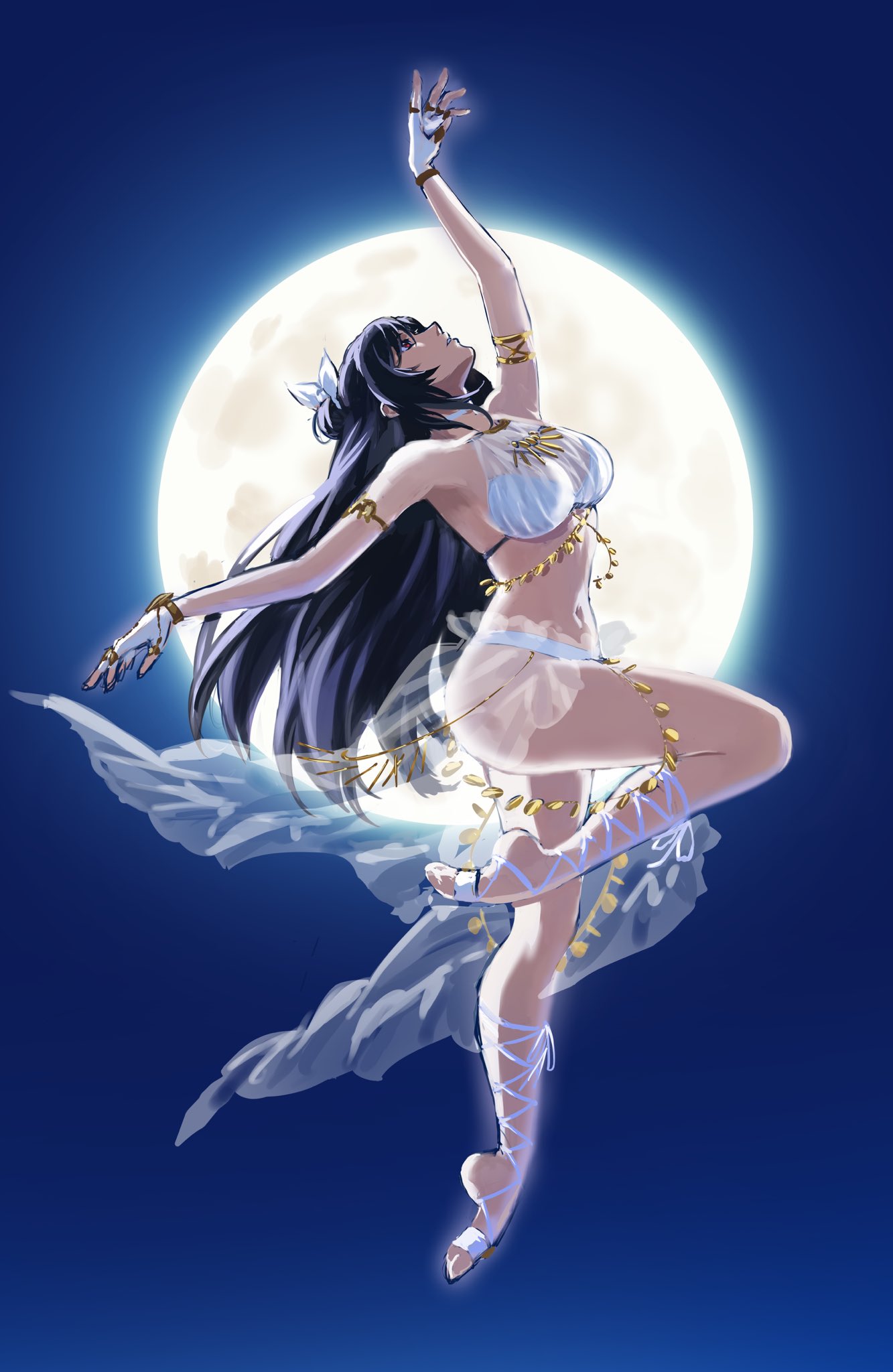 1girl, armlet, bare_shoulders, black_hair, breasts, crop_top, dancing, final_fantasy, final_fantasy_vii, final_fantasy_vii_ever_crisis, fingerless_gloves, full_body, full_moon, gloves, gold_trim, hair_bun, hair_ribbon, half_updo, halter_shirt, halterneck, hand_up, harem_outfit, highres, jewelry, kivavis, large_breasts, looking_up, midriff, moon, official_alternate_costume, parted_lips, ribbon, see-through, see-through_shirt, see-through_skirt, shirt, skirt, solo, tifa_lockhart, tifa_lockhart_(passion_mermaid), toeless_footwear, white_ribbon